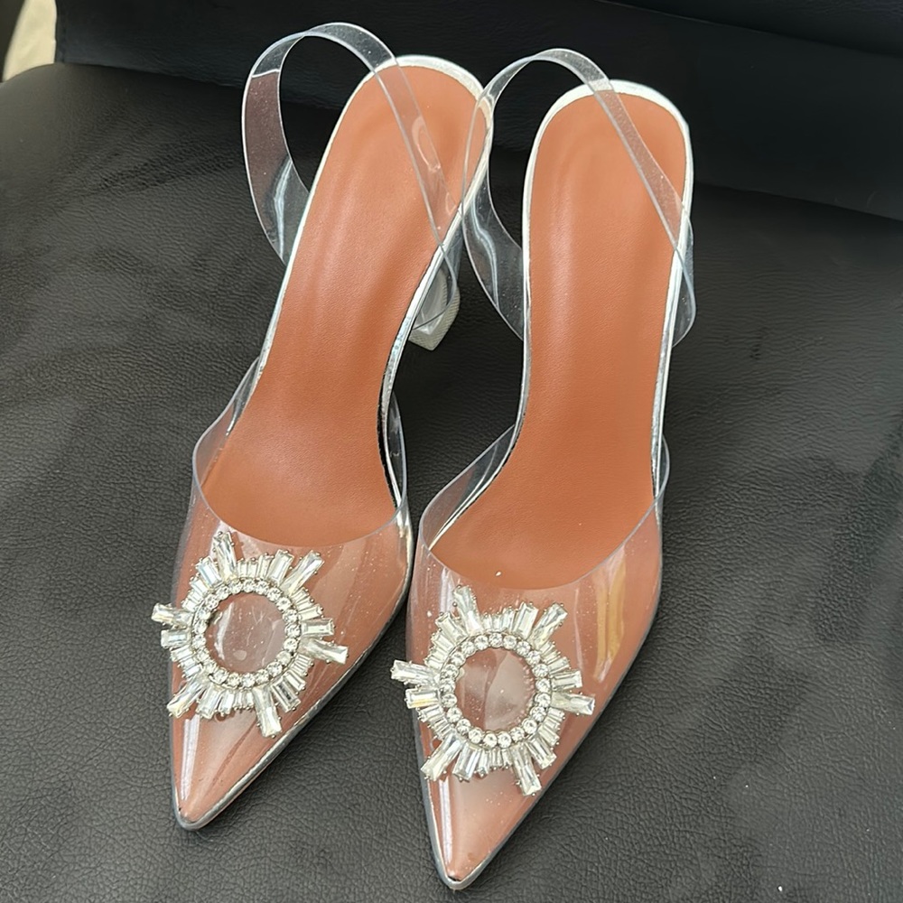Clear Glass Slingback Heels with Rhinestone appliqué - Amina Muaddi look-a-likes